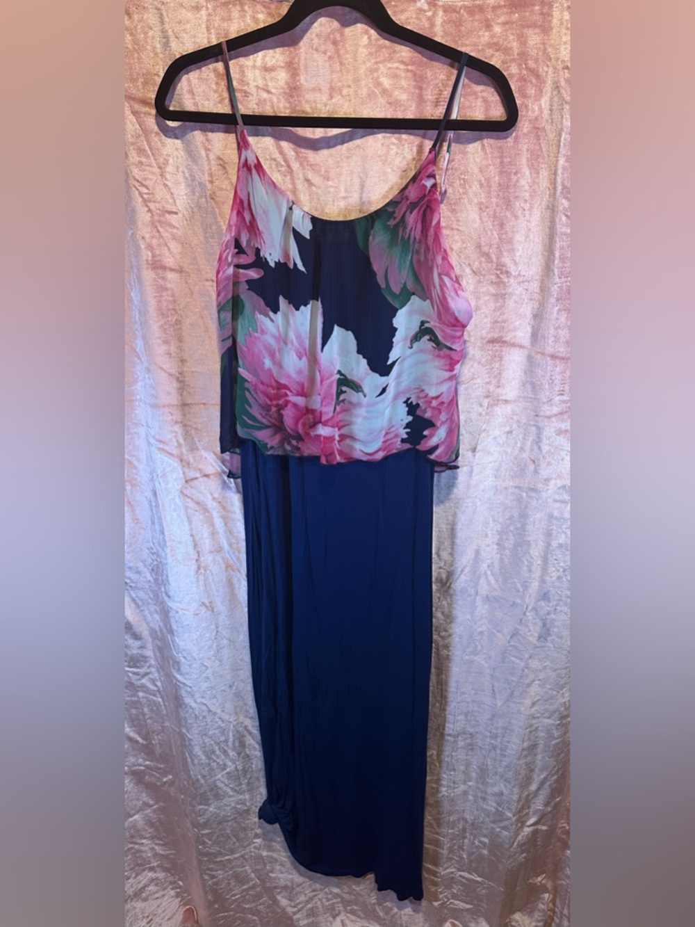 Navy Maxi Dress with Pink Floral Overlay